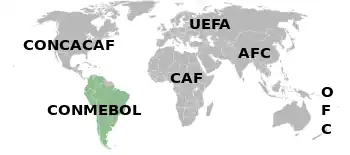 A map of the world. With a few exceptions, each colour corresponds to a continent. The green area, marked "CONMEBOL", covers most of South America.