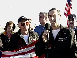(L-R) Marion Blakey, Mike Melvill, Richard Branson, Burt Rutan, Brian Binnie, and Allen following first flight