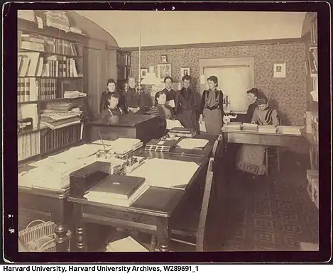 Black and white photo of the Harvard Computers and Mary Anna Palmer Draper. Left to right: unknown woman (standing), unknown woman (seated), possibly Evelyn Leland, Mrs. Draper (seated), Antonia Maury, Williamina Fleming, possibly Mabel C. Stevens (or some other Stevens), probably Florence Cushman, unknown woman.